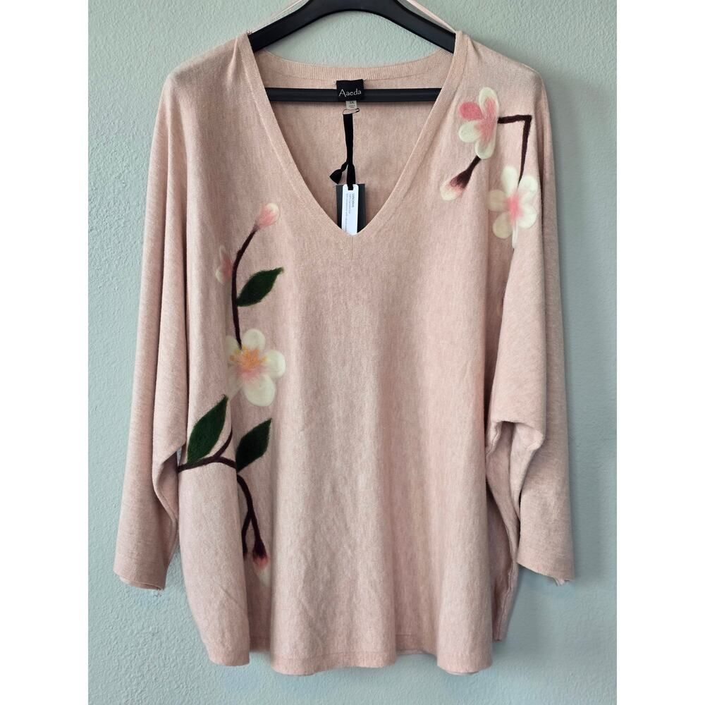 Aaeda 3X Soft Blush Pink Floral Felted Knit Sweater Dolman V Neck NWT Plus Size